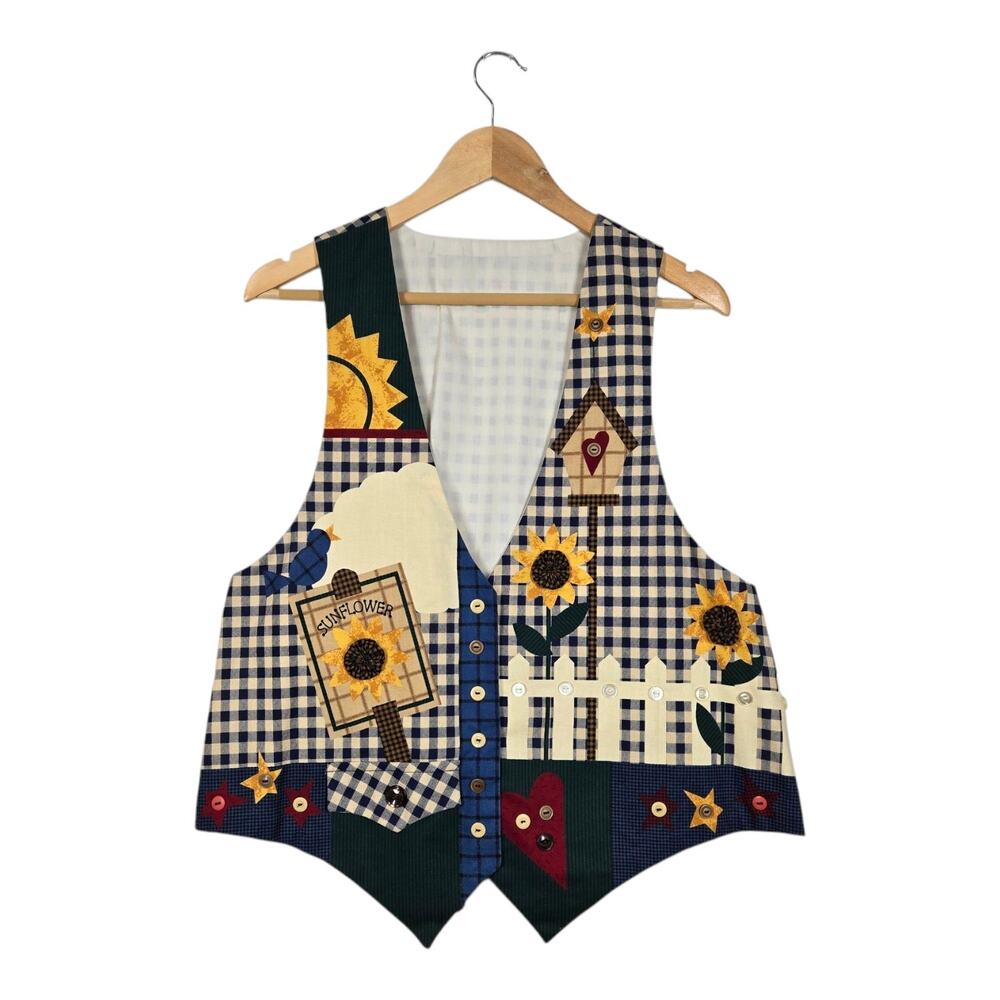 Vintage 90s Handmade Sunflower Gingham Patchwork Vest L/XL Cottagecore